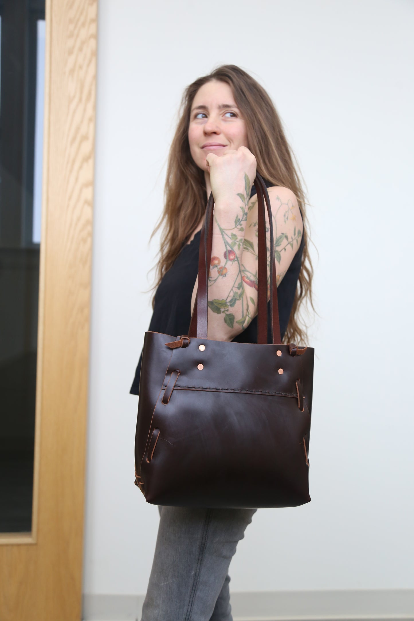 Brown Stitched Woven Tote